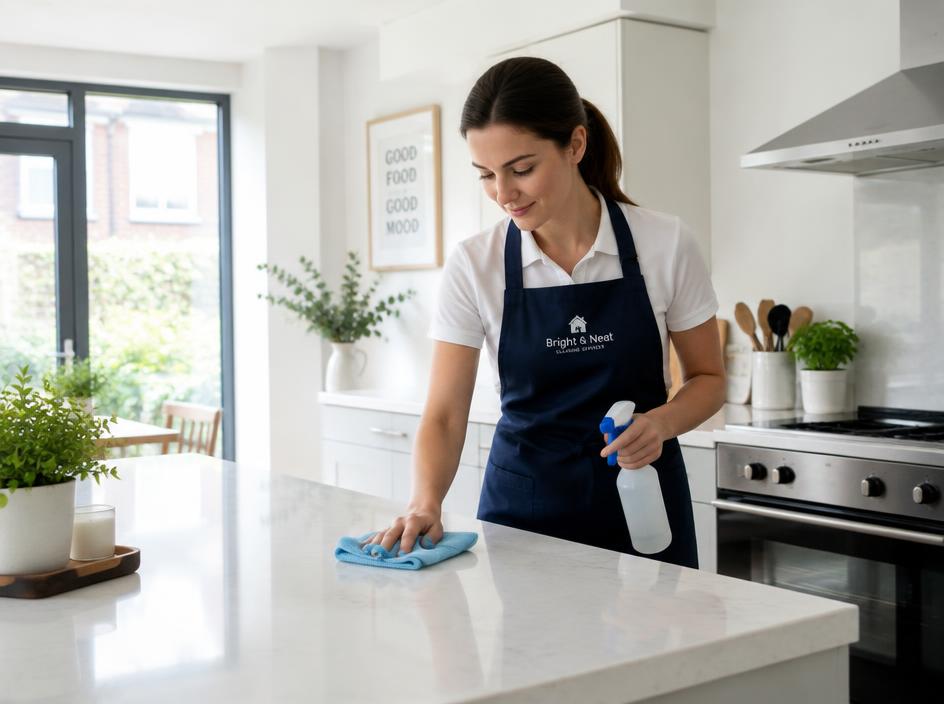 A cleaner wiping a bright kitchen worktop