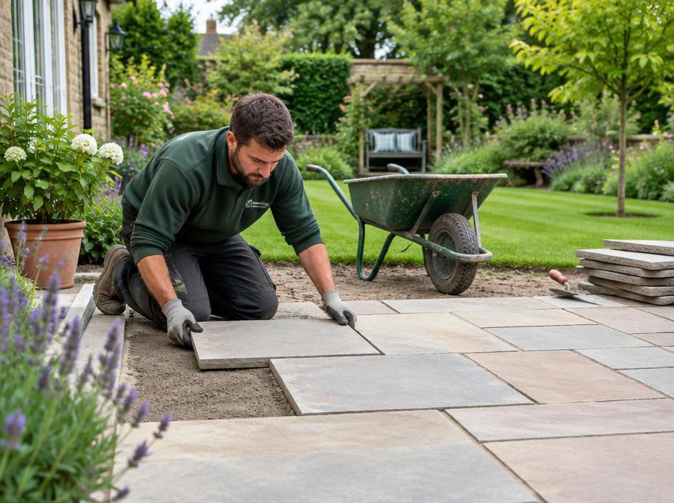 A landscaper laying a stone patio in a green garden