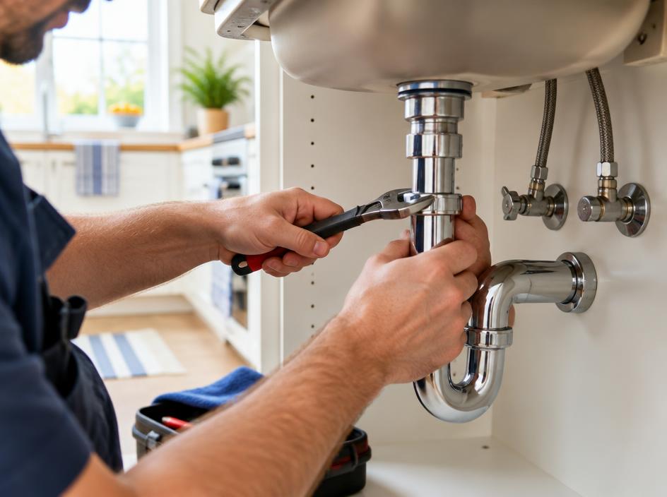 A plumber tightening pipework under a kitchen sink